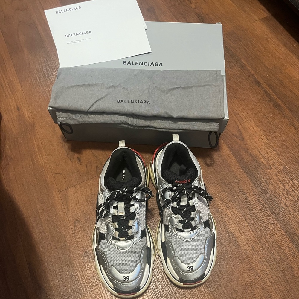 Balenciaga Triple S Sneakers in Gray, Black, White with Red Accent